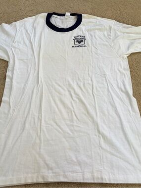 Vintage White Ringer Short Sleeve Tee with Navy Trim Golf Tournament Sz Large